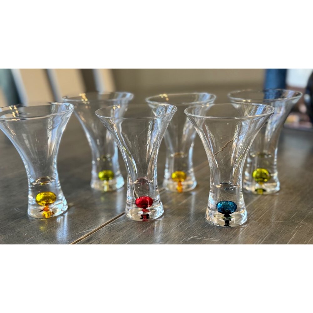 Set of 6 Small Martini Glasses Hand Blown Glass with Colorful Bubble in Base 4"